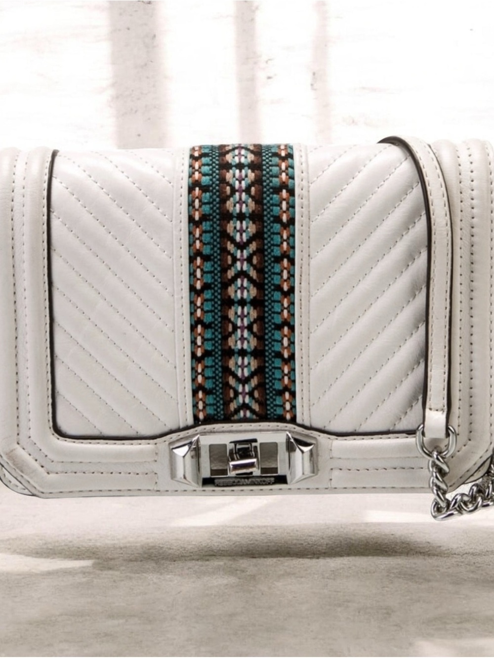 Rebecca Minkoff White Quilted Crossbody with Turquoise and Brown Stripe